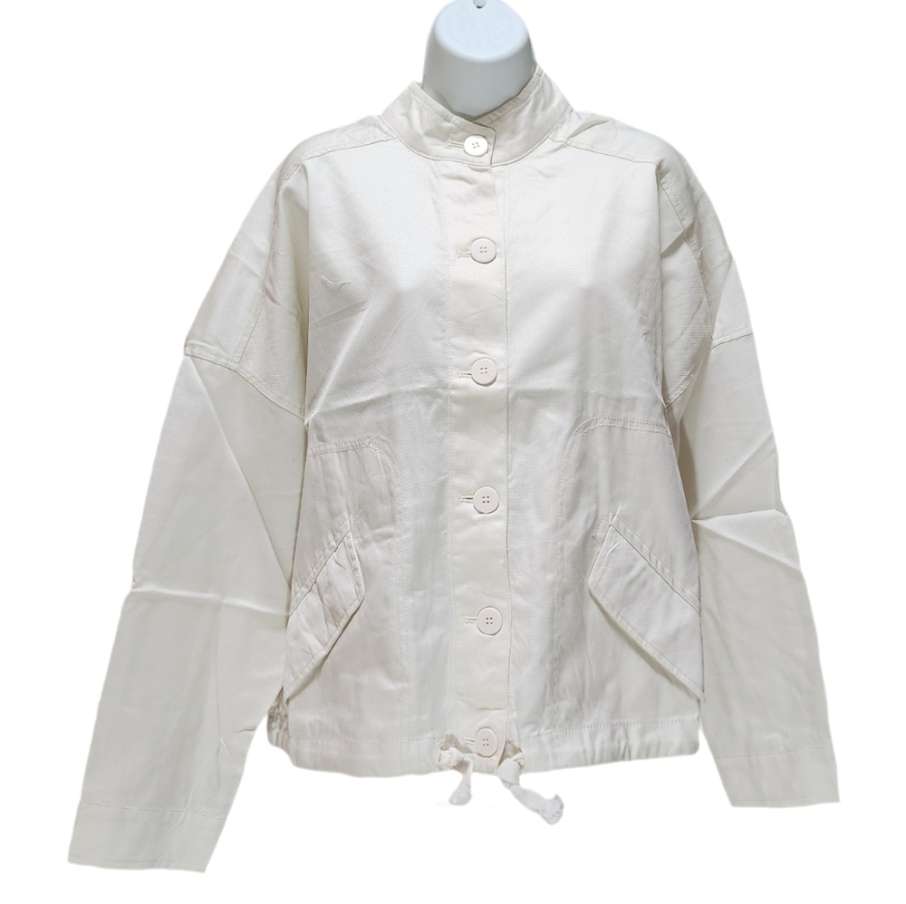 Max Studio Cotton Piqué Jacket Stand Collar Drawstring Hem Lightweight Boxy L